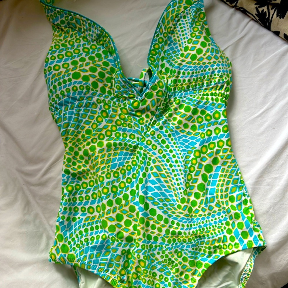 Ladies One piece bathing suit. Turquoise and green print. Size Medium.